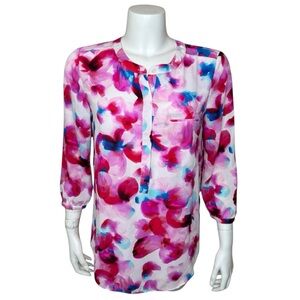 NYDJ Pleat-Back Popover Top Blouse M Pink Floral
